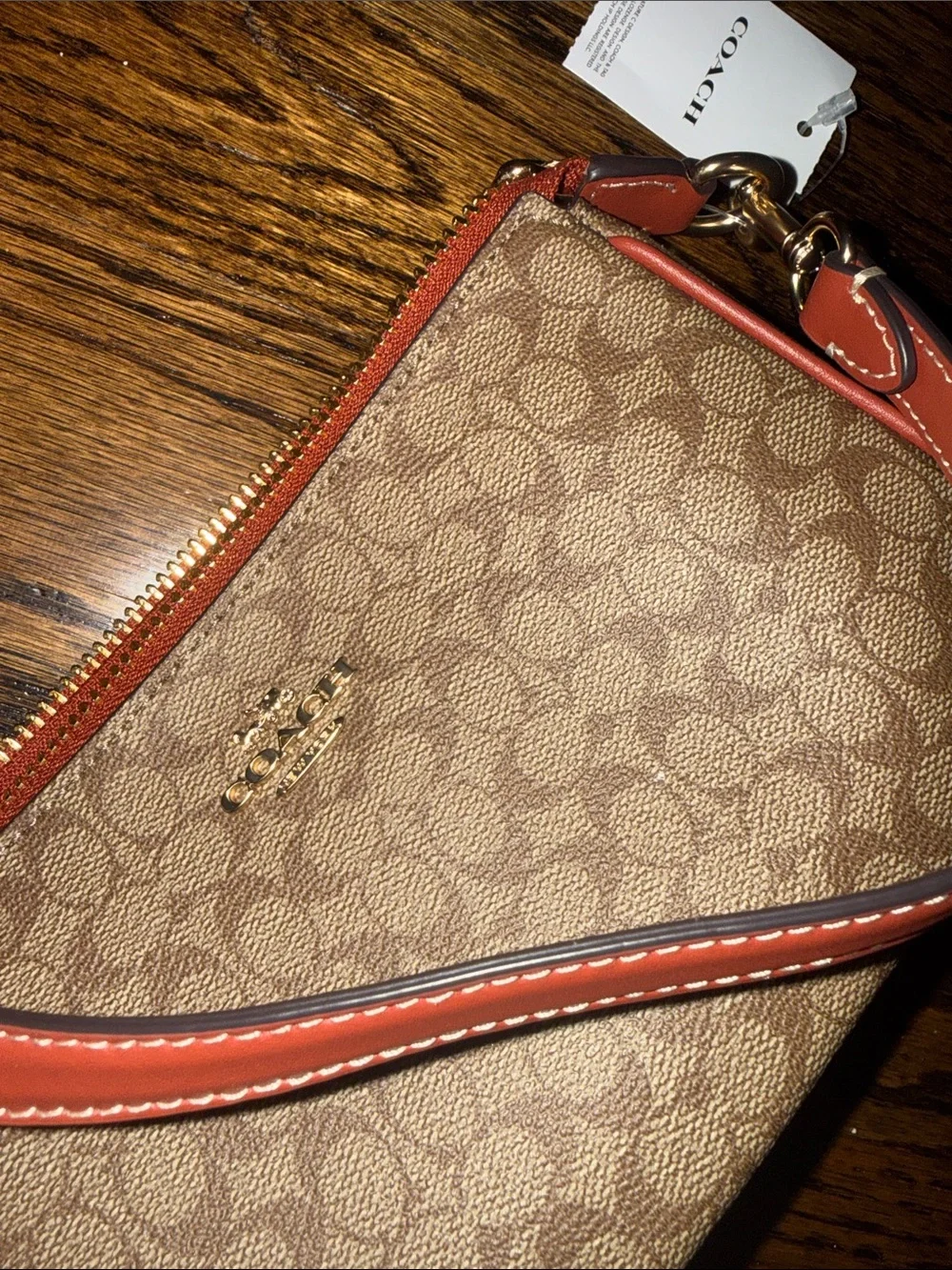 Coach Signature Canvas Shoulder Bag in Brown with Terracotta Trim